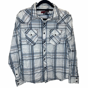 Distortion Mens Button Front Blue & White Flannel Shirt Size Medium
